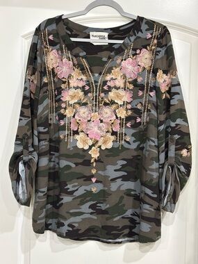 Savanna Jane Camo V-Neck Tunic with Pink and Gold Floral Embroidery